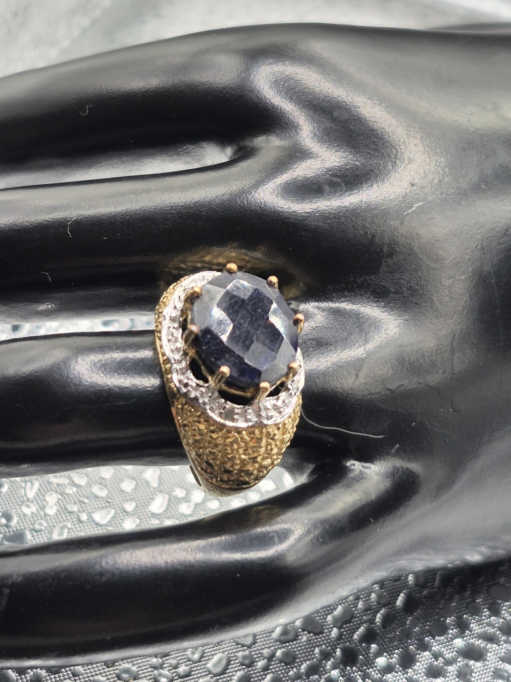 Gold Textured Ring with Deep Blue Sapphire Oval Gemstone